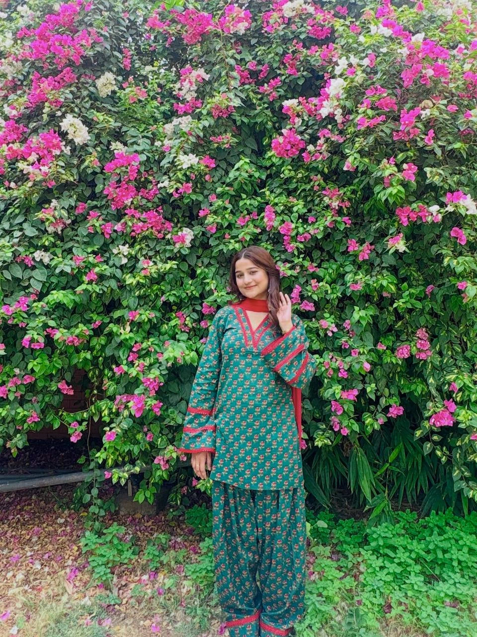 Teal Green Floral Print Farshi Suit full-length model outdoor – Kalyanja KU303
